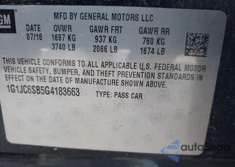 2016 Chevrolet Sonic Lt Auto из США, поврежденный, VIN 1G1JC6SB5G4183663